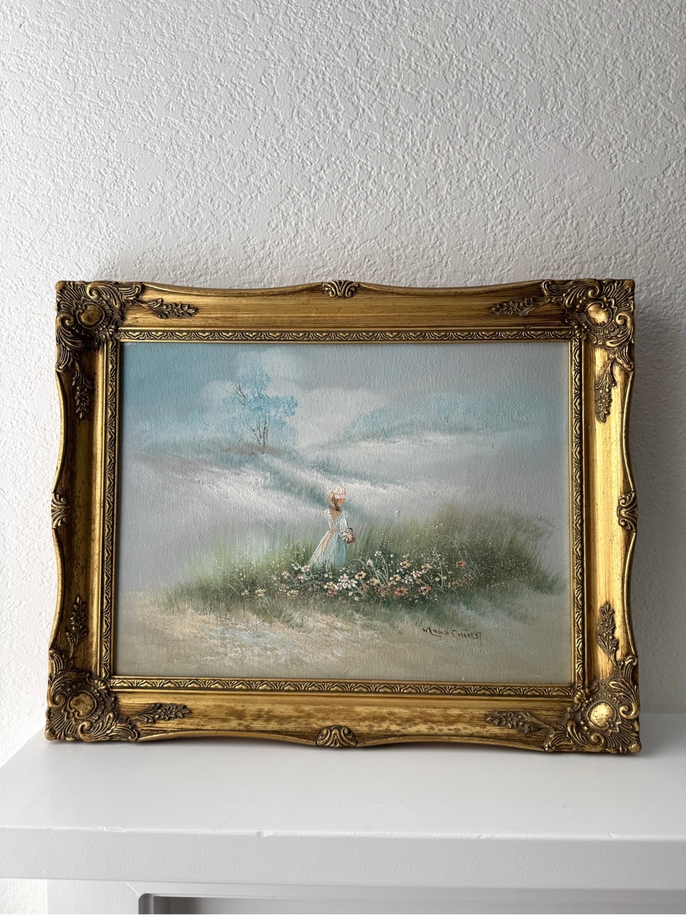 Vintage Marie Charlot Oil Painting on Canvas
Impressionist Victorian Lady Meadow